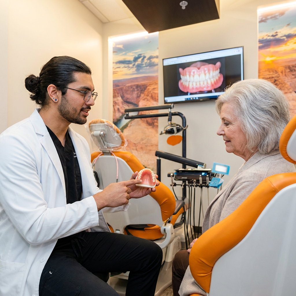 A Bee Cave dentist at ComfyDent Smiles shows a denture model to a senior patient during a consultation.