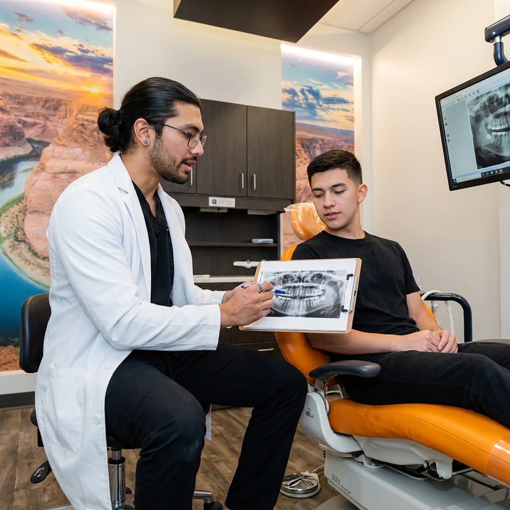 A Bee Cave dentist at ComfyDent Smiles uses a pen to explain a printed X-ray to a patient during a same-day dental consult.
