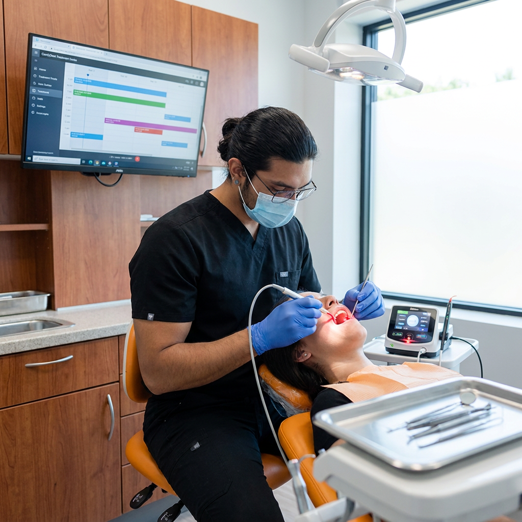 A dentist uses a soft-tissue dental laser on a patient at ComfyDent Smiles in Bee Cave, TX for same-day gingival recontouring