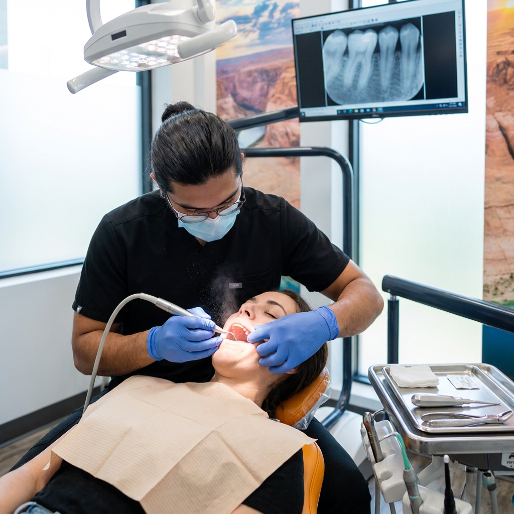 A dentist at ComfyDent Smiles in Bee Cave uses a piezoelectric handpiece for a tooth extraction procedure.