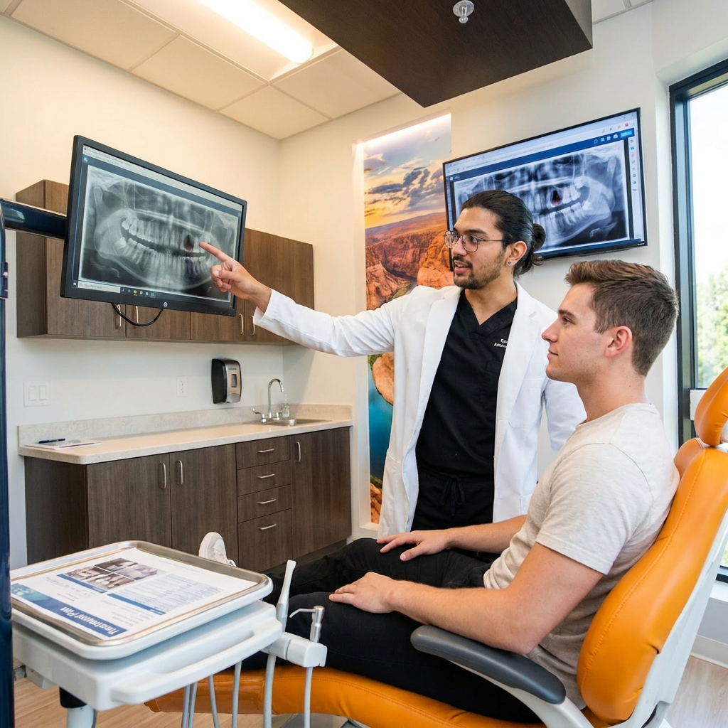 A ComfyDent Smiles dentist in Bee Cave, TX points to an X-ray on a monitor to explain a tooth extraction to a seated patient.