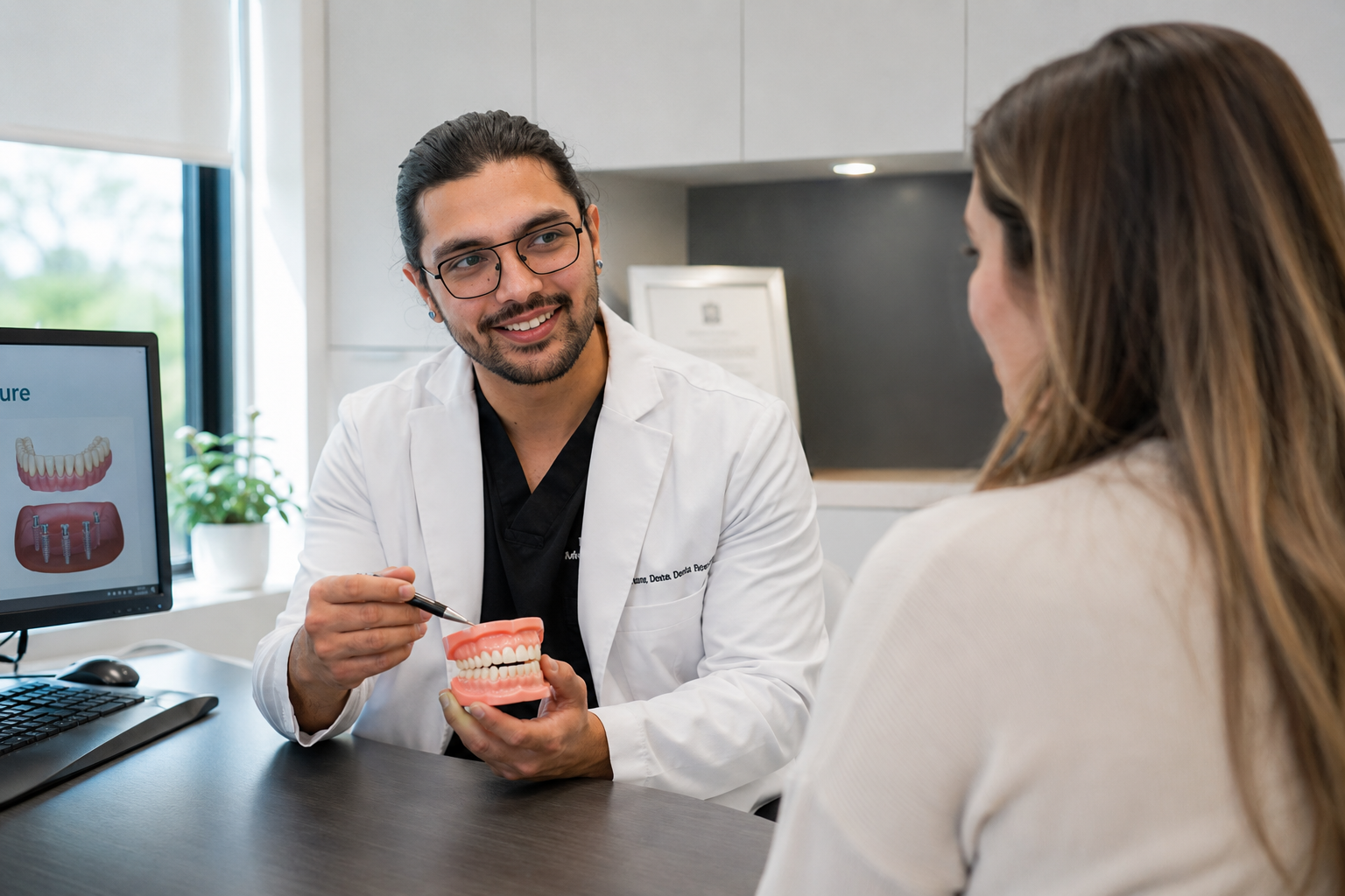 Dr. Shah consults with a patient in a modern dental office, using a denture model to explain treatment options during a bright, candid one on one education session.