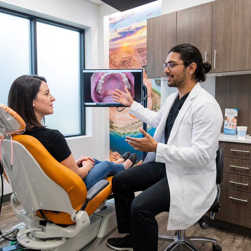 A dentist reviews a gag reflex treatment plan with a patient at ComfyDent Smiles in Bee Cave, Texas.
