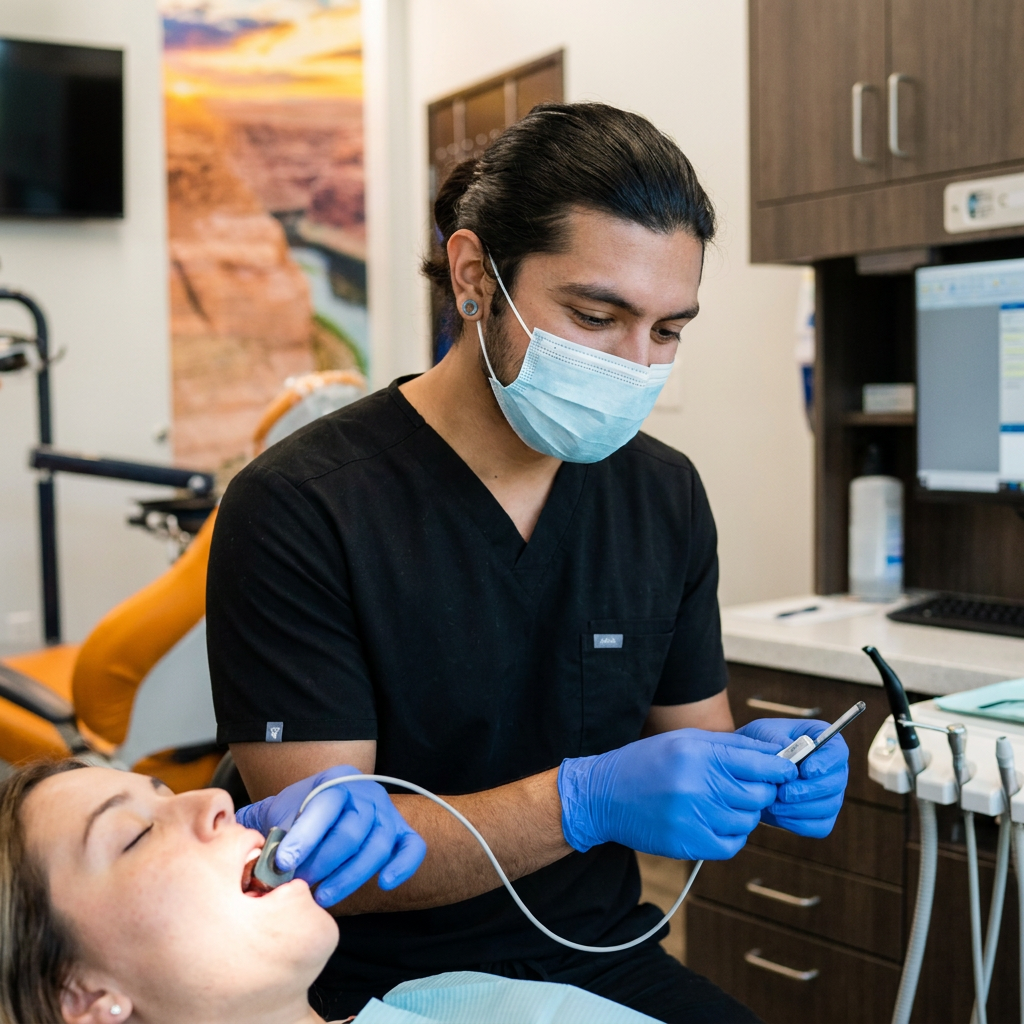 A ComfyDent Smiles dentist in Bee Cave positions a slim digital X-ray sensor to help manage a patient's gag reflex.