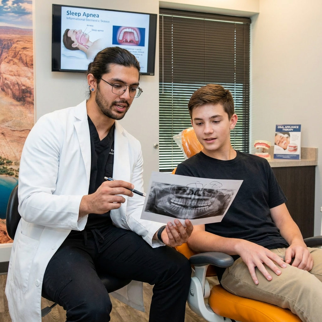 A Bee Cave dentist at ComfyDent Smiles uses a pen and X-ray to explain sleep apnea treatment to a teenager.