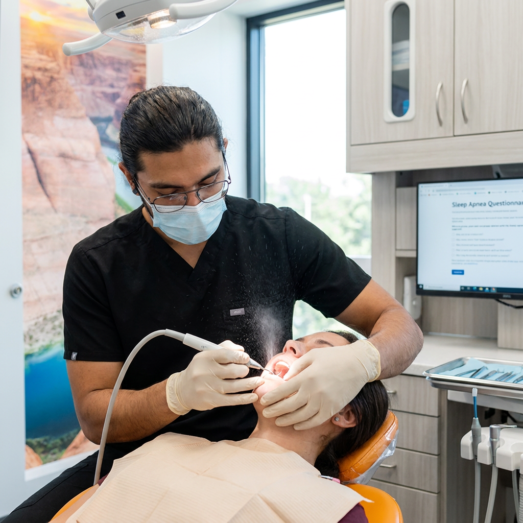 A Bee Cave dentist uses an ultrasonic scaler during a sleep apnea oral assessment at ComfyDent Smiles.