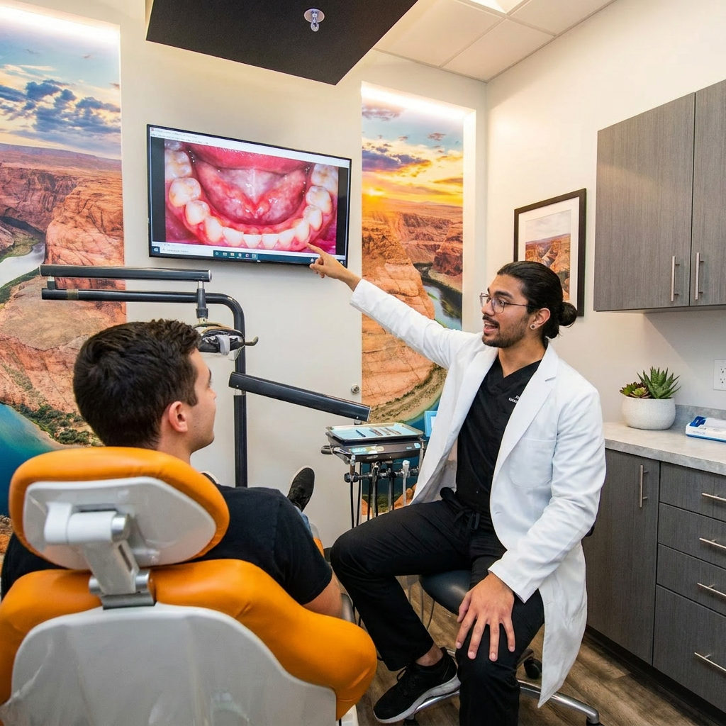A ComfyDent Smiles dentist in Bee Cave, TX points to a monitor while discussing gum disease treatment with a patient.