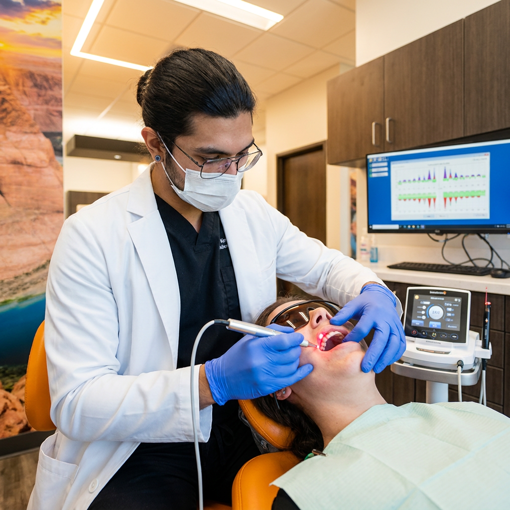 A Bee Cave dentist uses a diode laser tip to treat a patient's gum line at ComfyDent Smiles.