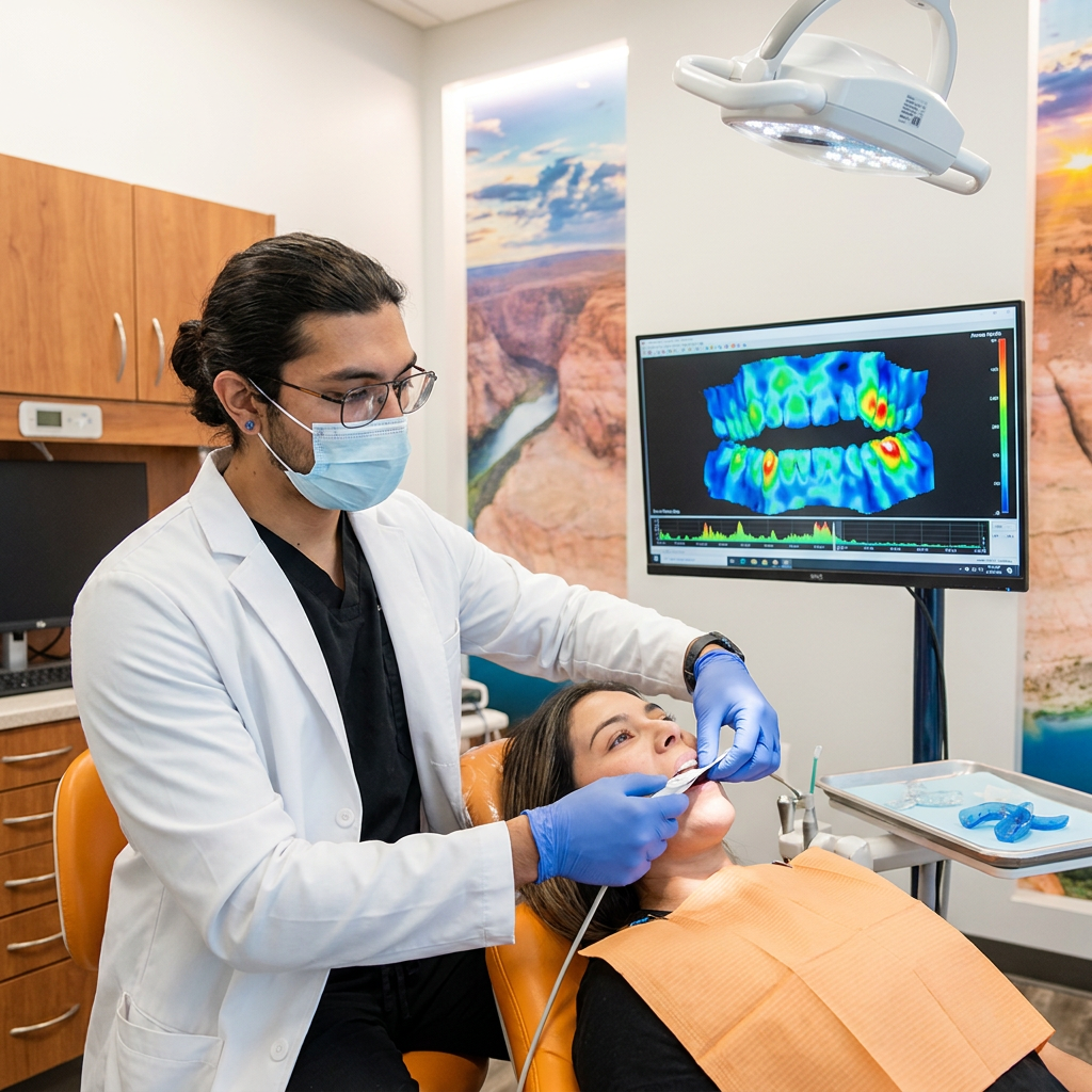A ComfyDent Smiles dentist in Bee Cave uses T-Scan technology to analyze a patient's bite for a custom night guard.