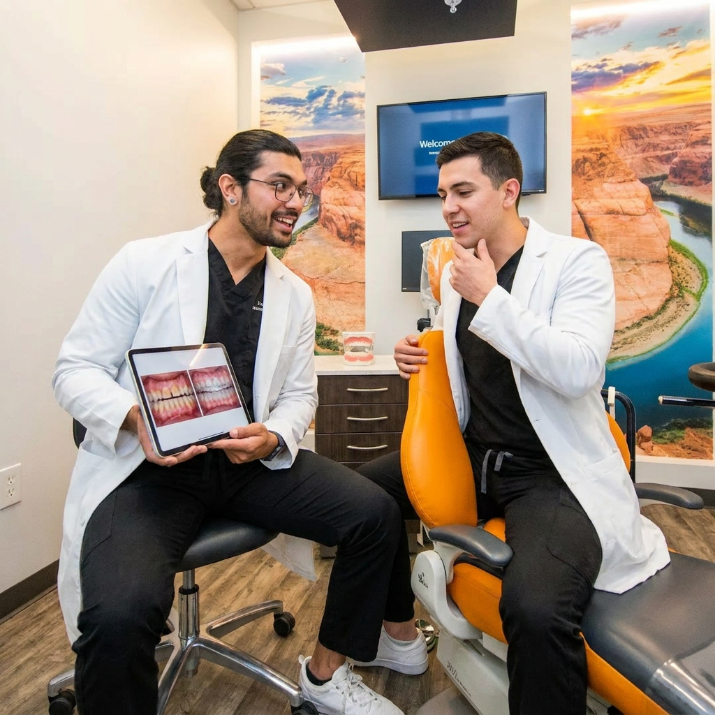 A ComfyDent Smiles dentist shows a patient night guard results on a tablet in a Bee Cave contemporary treatment room.