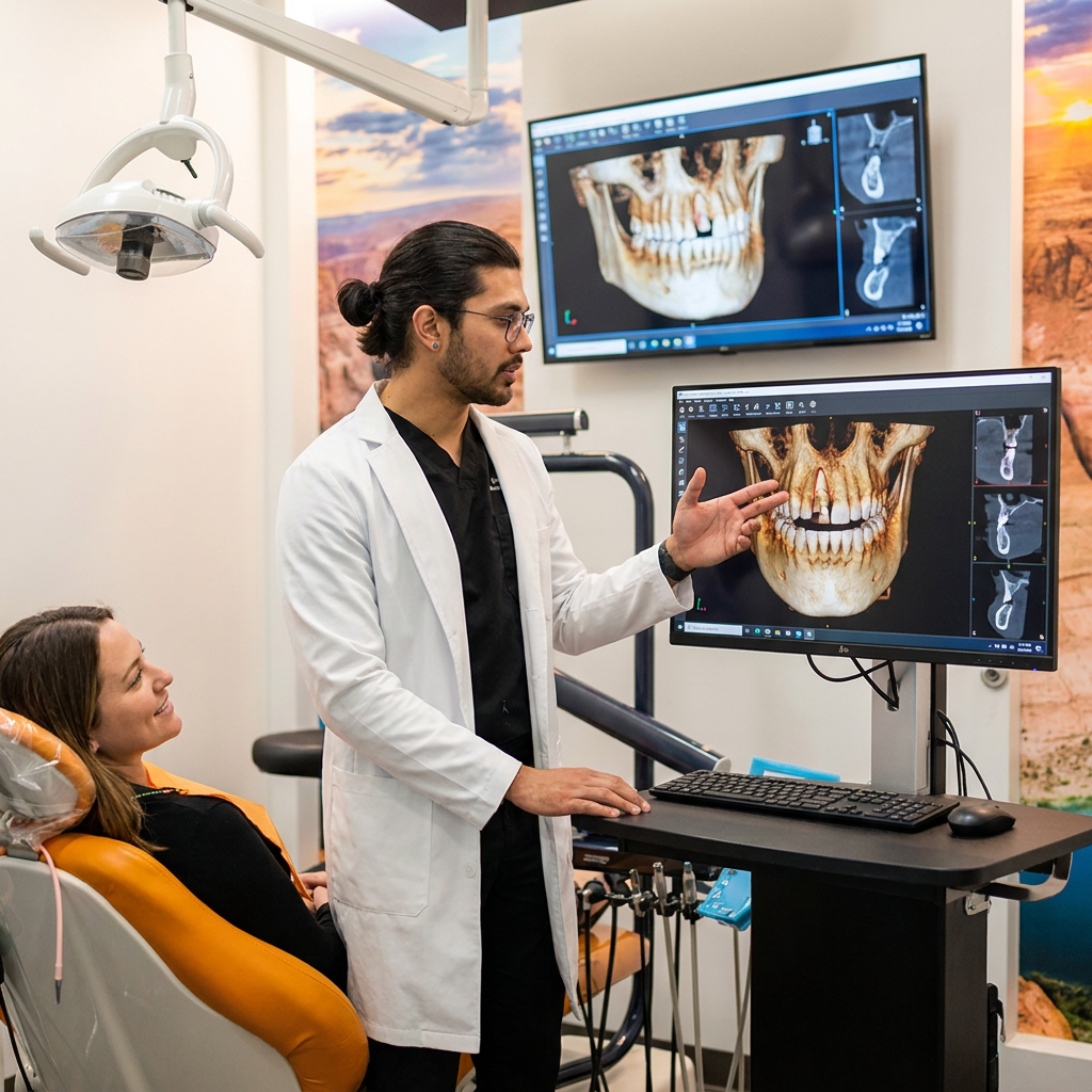 A Bee Cave dentist reviews a 3D CBCT scan at ComfyDent Smiles to plan a patient's chipped tooth repair.