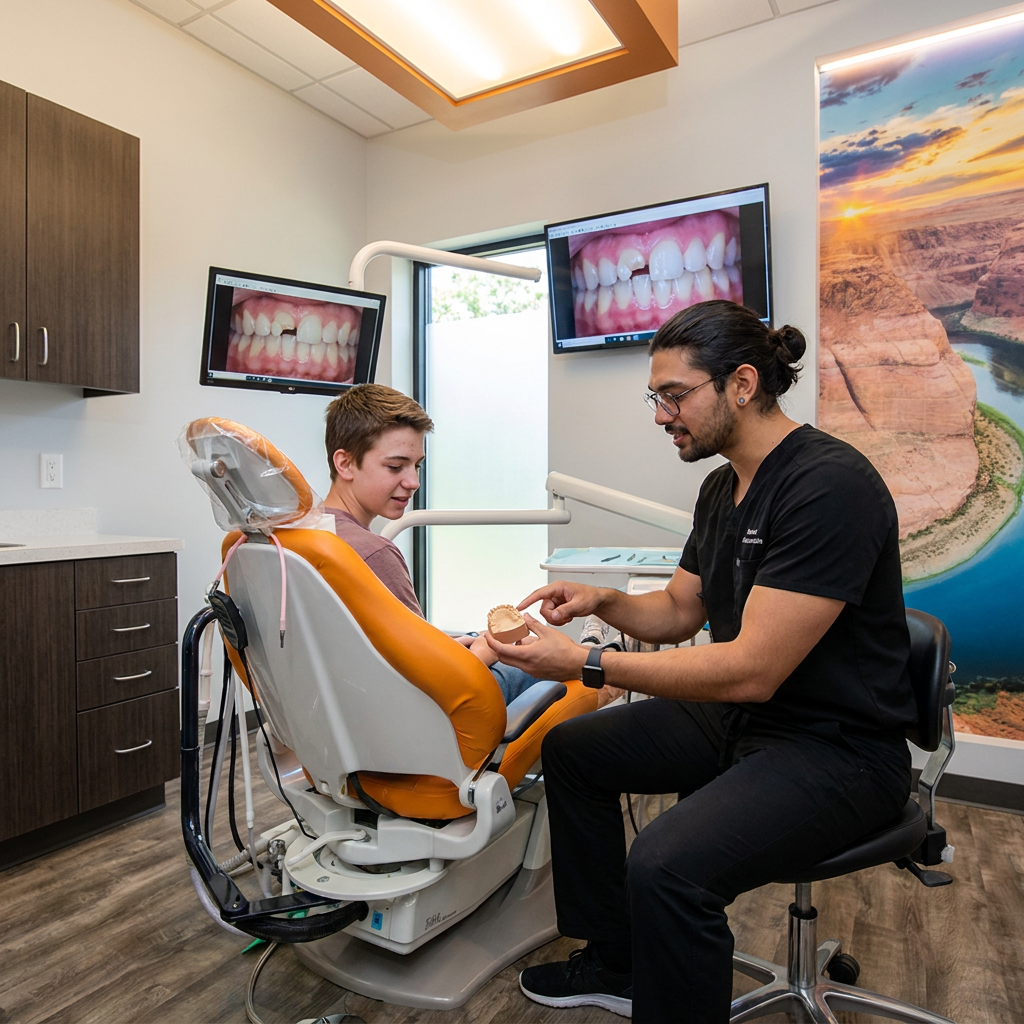 A Bee Cave dentist at ComfyDent Smiles shows a teen a tooth model for chipped tooth repair in a modern office.
