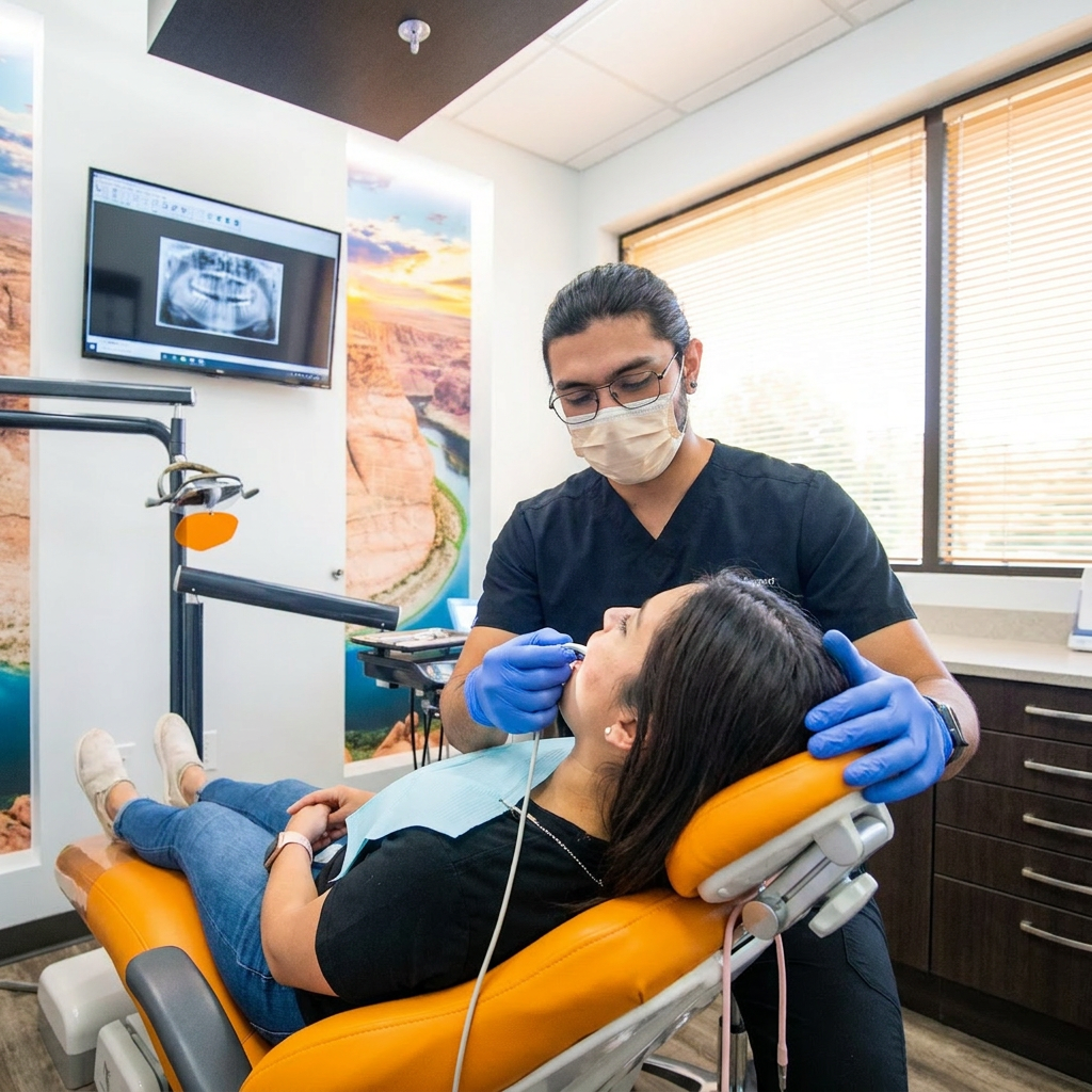 A ComfyDent Smiles dentist in Bee Cave places a digital x-ray sensor for a patient during a smile consultation.