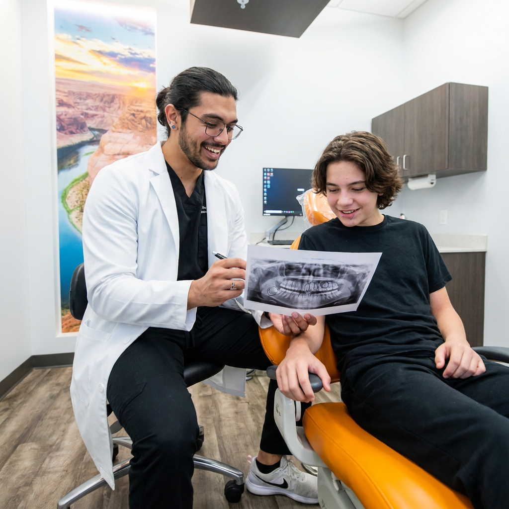 A Bee Cave dentist at ComfyDent Smiles uses a pen to explain a panoramic X-ray to a teenager during a consultation.