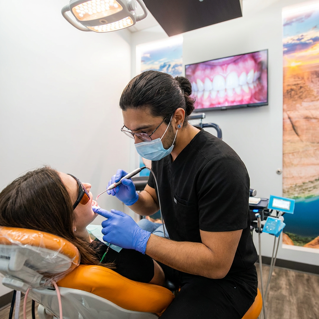 A dentist at ComfyDent Smiles in Bee Cave, TX uses a diode laser on a patient's gums during a receding gums treatment.