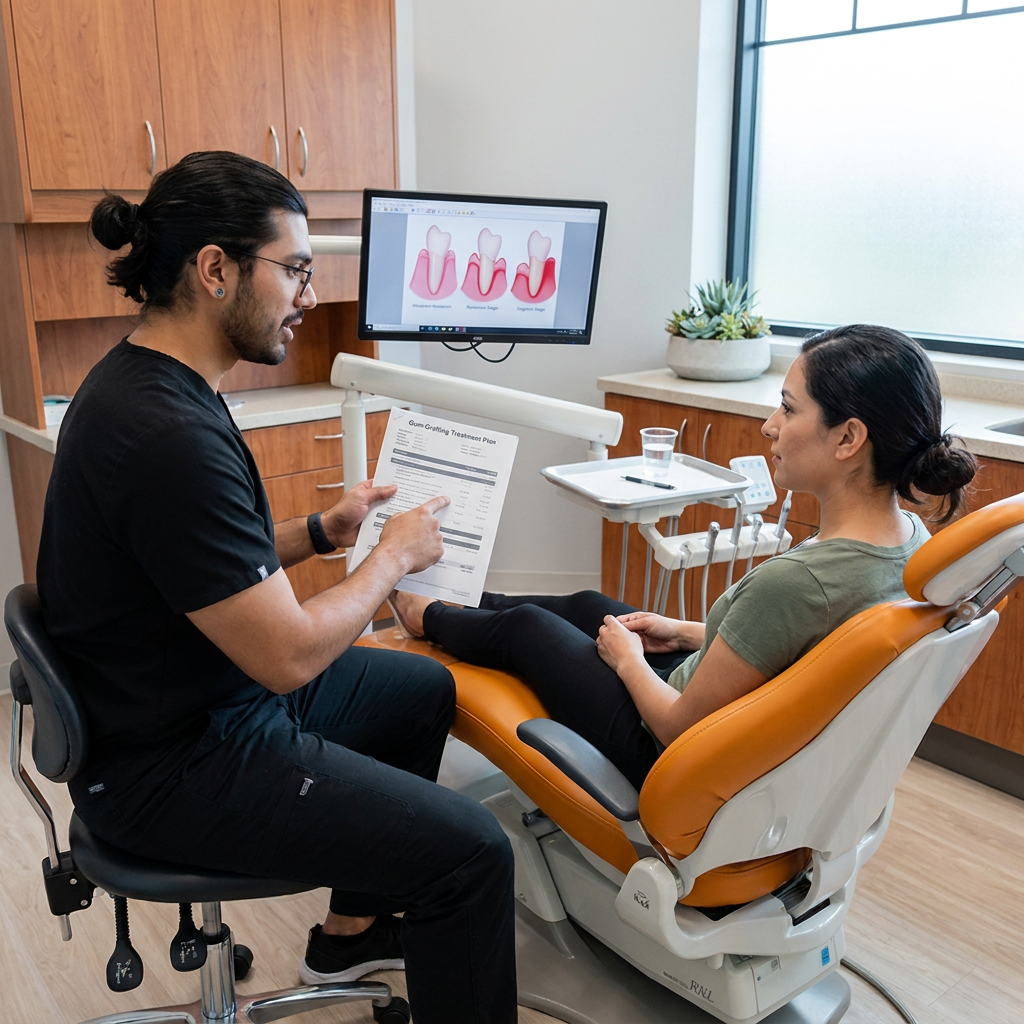 A ComfyDent Smiles dentist reviews a receding gums treatment plan with a patient in a Bee Cave dental office.