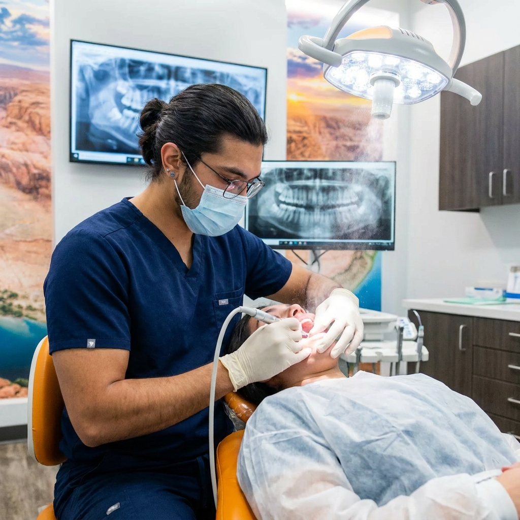 A ComfyDent Smiles dentist in Bee Cave uses an ultrasonic surgical tool for a wisdom tooth removal procedure.