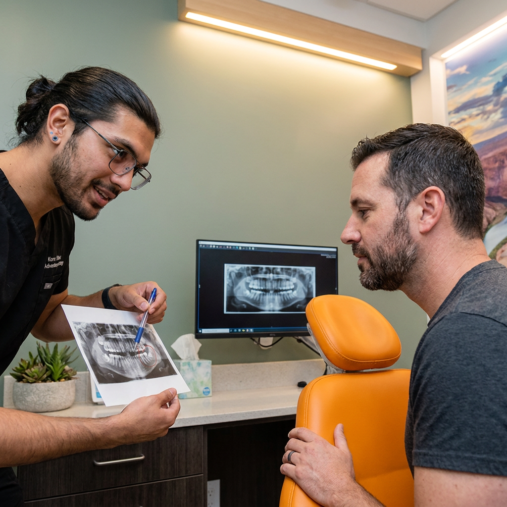 A ComfyDent Smiles dentist in Bee Cave explains a wisdom teeth X-ray to a patient in a modern dental operatory.