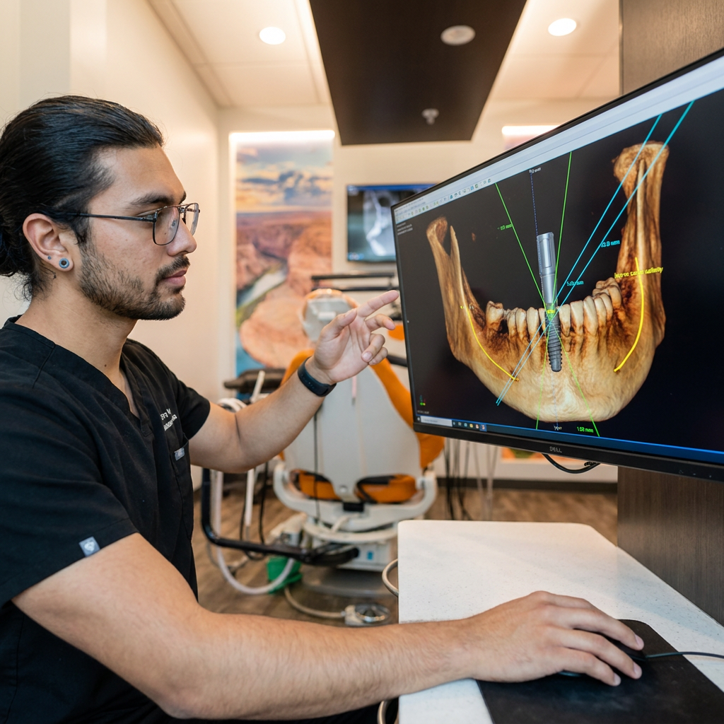 A ComfyDent Smiles dentist in Bee Cave reviews a 3D guided implant plan with digital overlays on a large computer monitor.