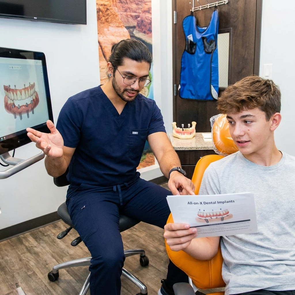 A dentist at ComfyDent Smiles in Bee Cave reviews an All-on-X implant plan with a teenage patient in a modern exam room.