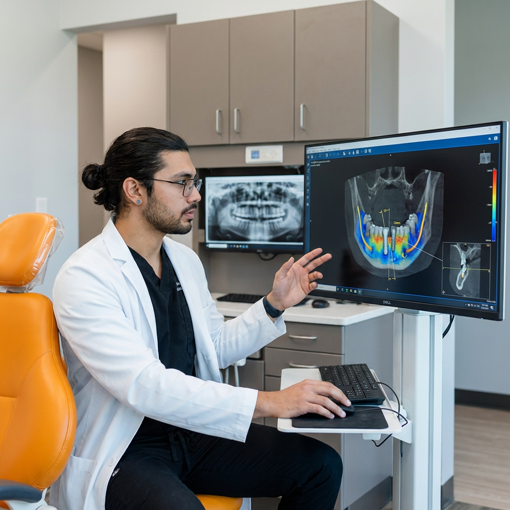 A ComfyDent Smiles dentist in Bee Cave, TX reviews a 3D CBCT implant plan for a snap-on denture on a computer workstation.