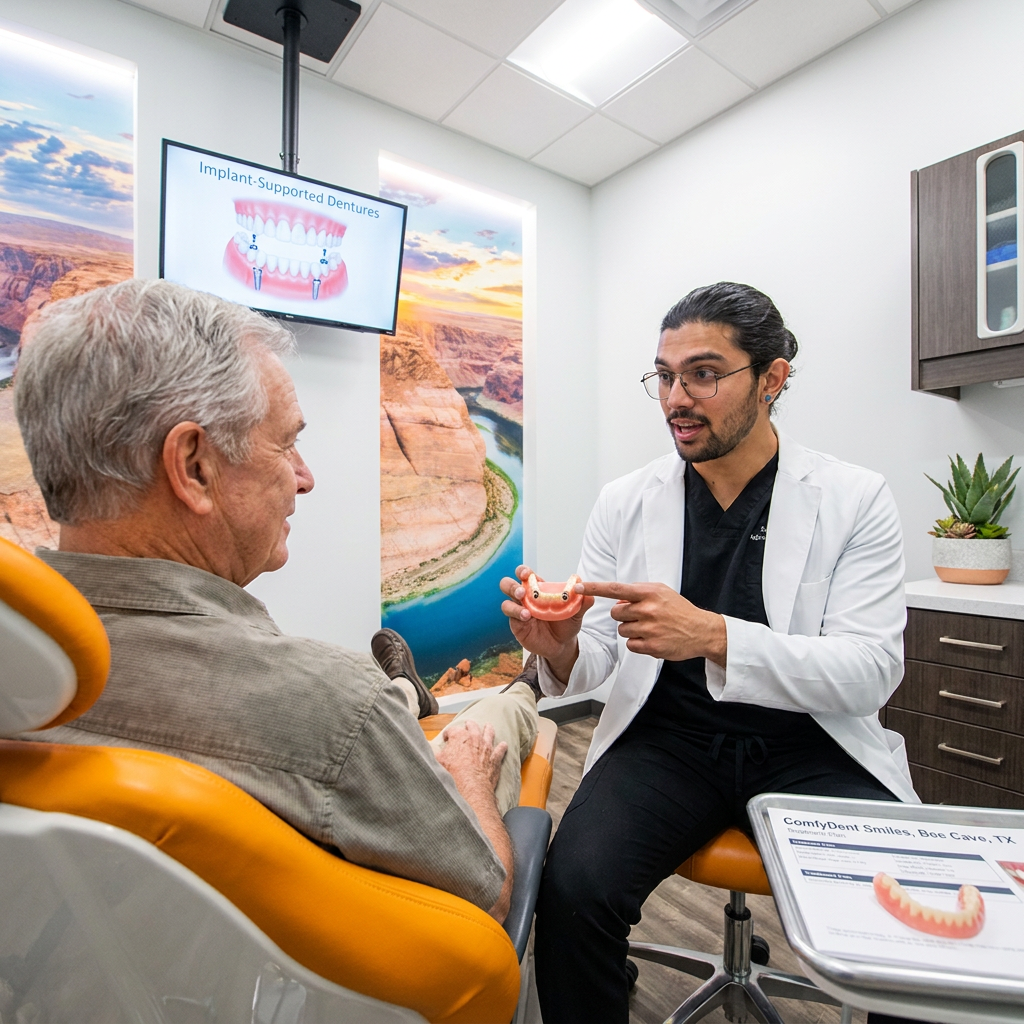 A dentist at ComfyDent Smiles in Bee Cave explains snap-on implant dentures to a patient using a dental model.