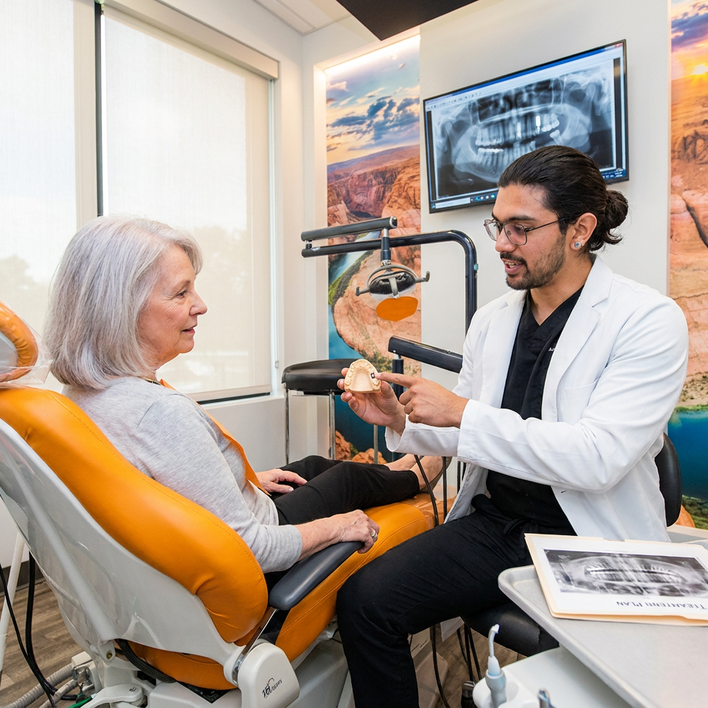 A ComfyDent Smiles dentist in Bee Cave, TX shows a dental implant model to a patient during a restorative consultation.