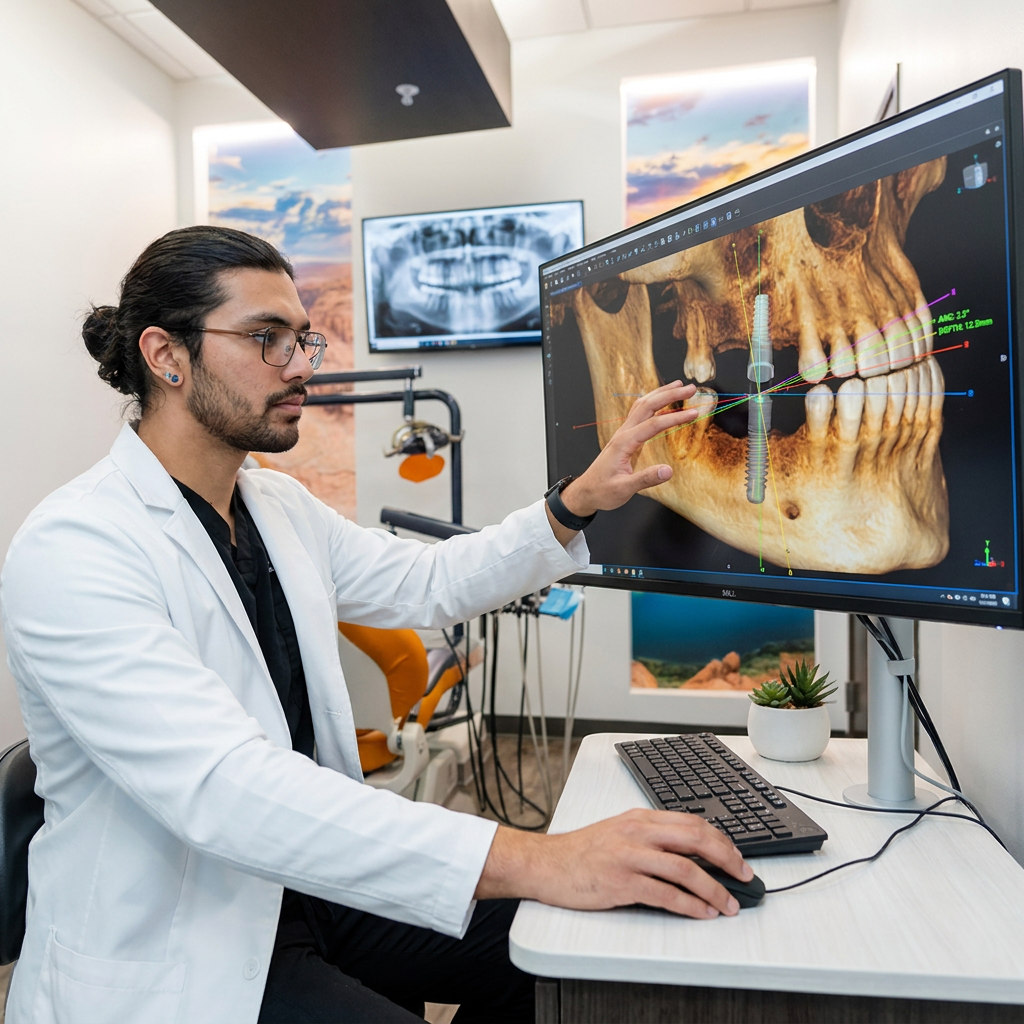 A ComfyDent Smiles dentist in Bee Cave, TX reviews a 3D dental implant plan on a high-tech monitor in a modern operatory.