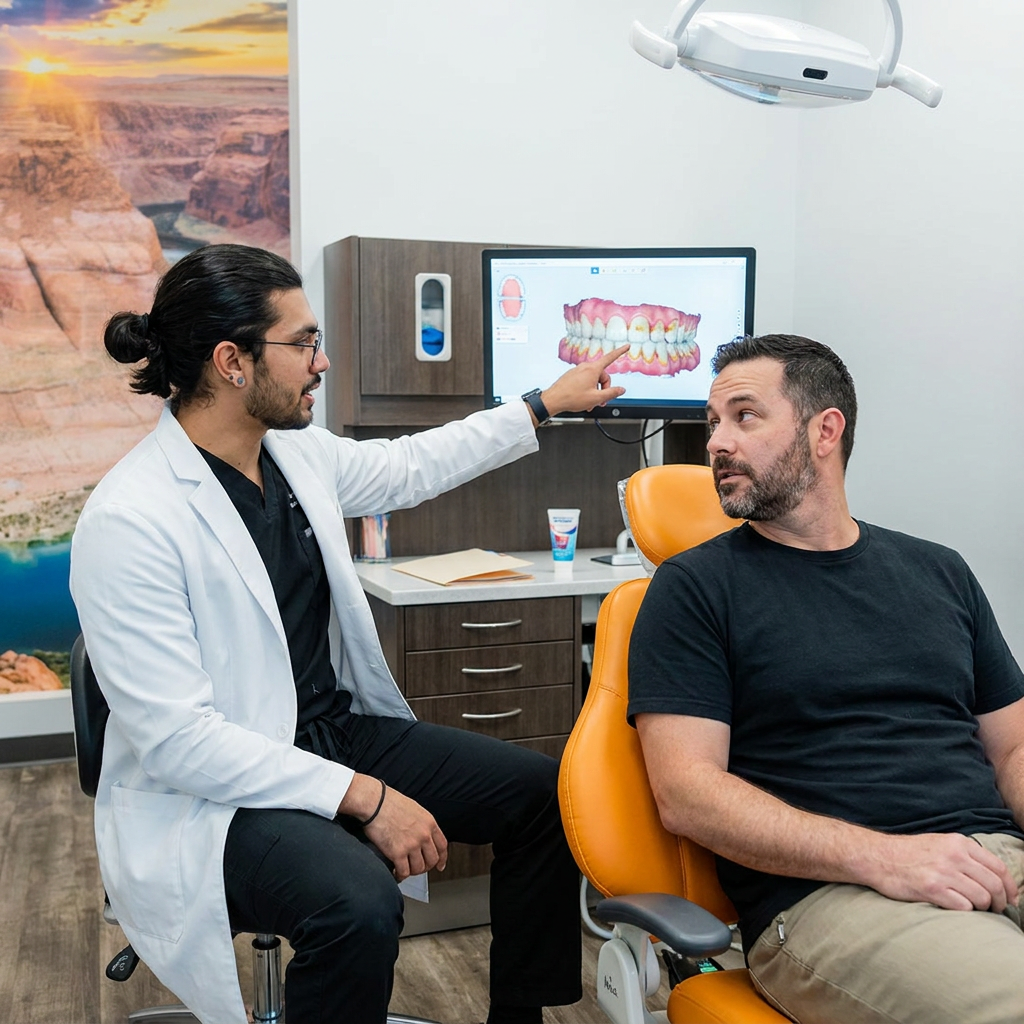 A dentist discusses a 3D dental scan with a patient during a cleaning and exam at ComfyDent Smiles in Bee Cave, TX.