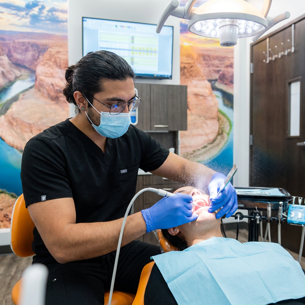 A dentist uses an ultrasonic scaler to clean a patient teeth during an exam at ComfyDent Smiles in Bee Cave, TX.