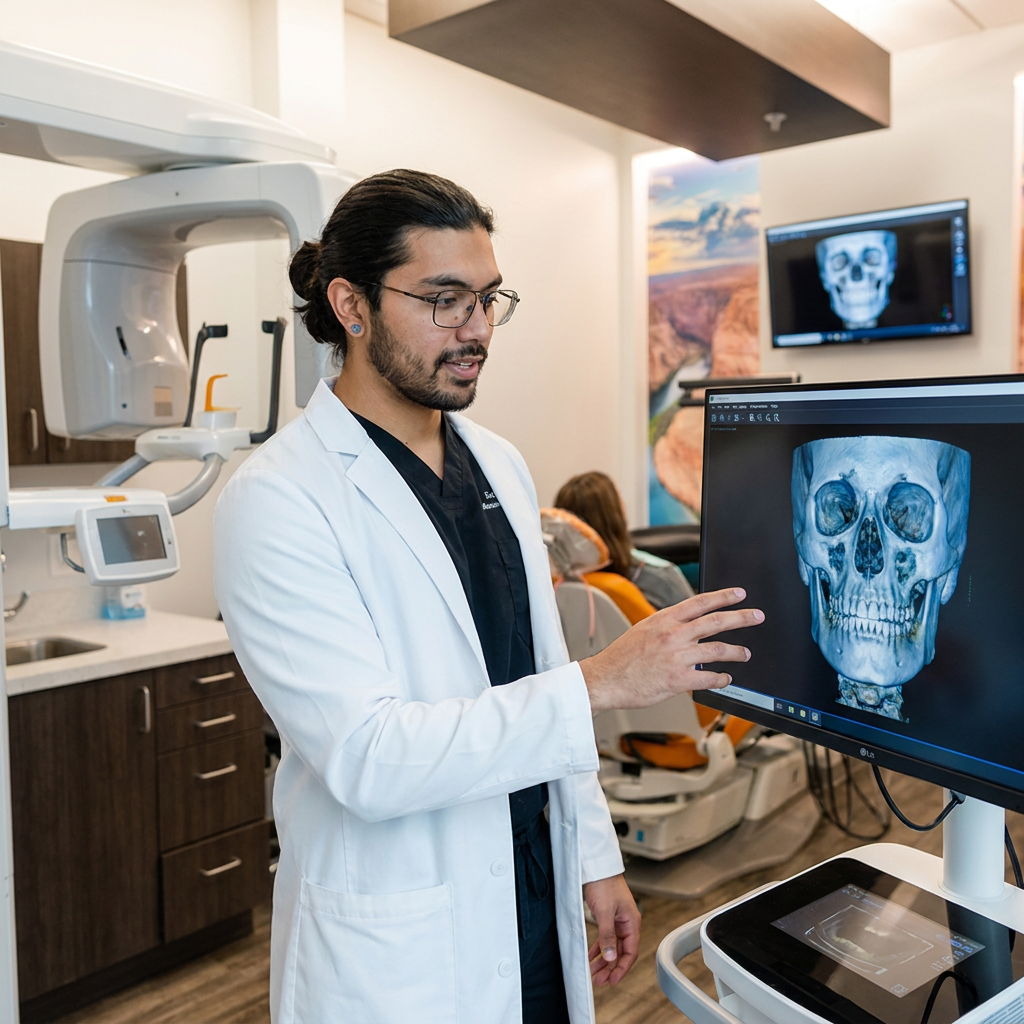 A dentist at ComfyDent Smiles in Bee Cave, TX reviews a 3D CBCT jaw scan on a digital monitor near an imaging scanner.