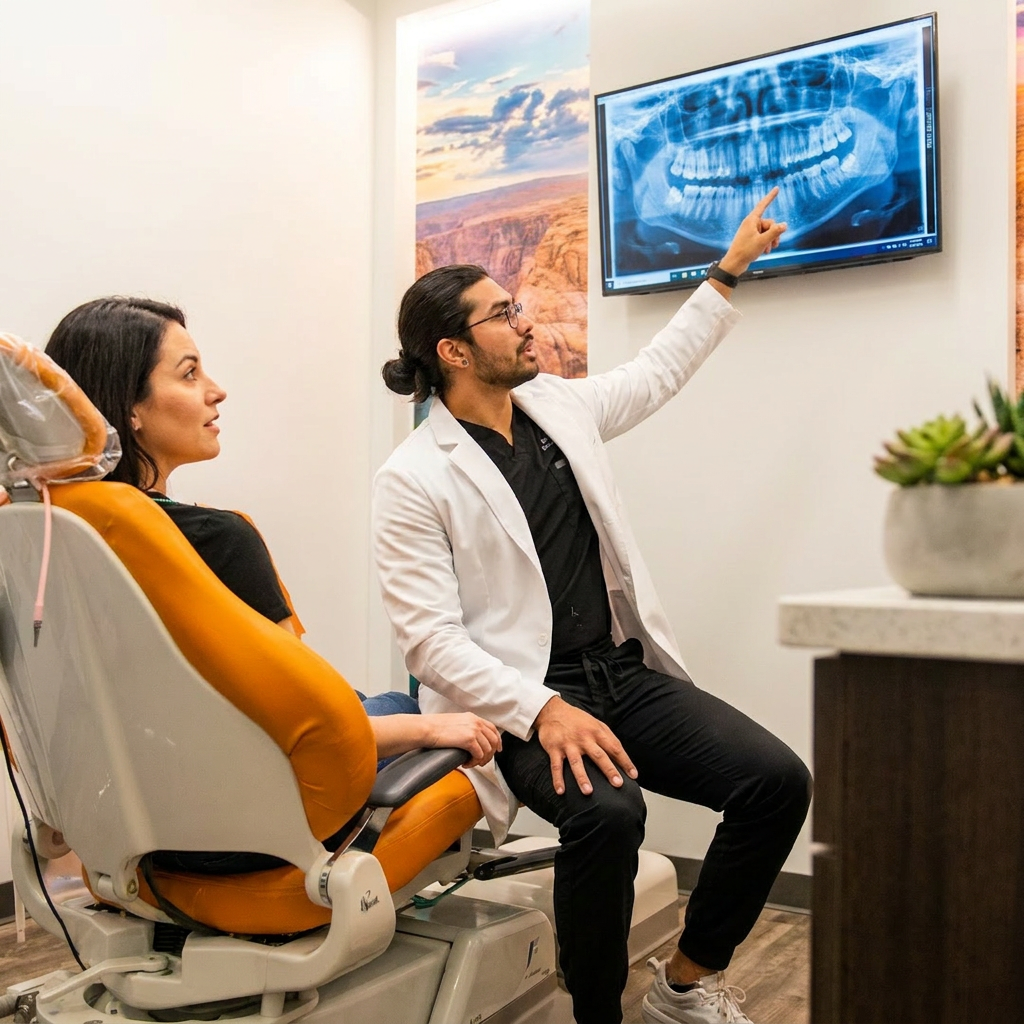 A dentist reviews a panoramic X-ray with a patient during a consultation at ComfyDent Smiles in Bee Cave, TX.