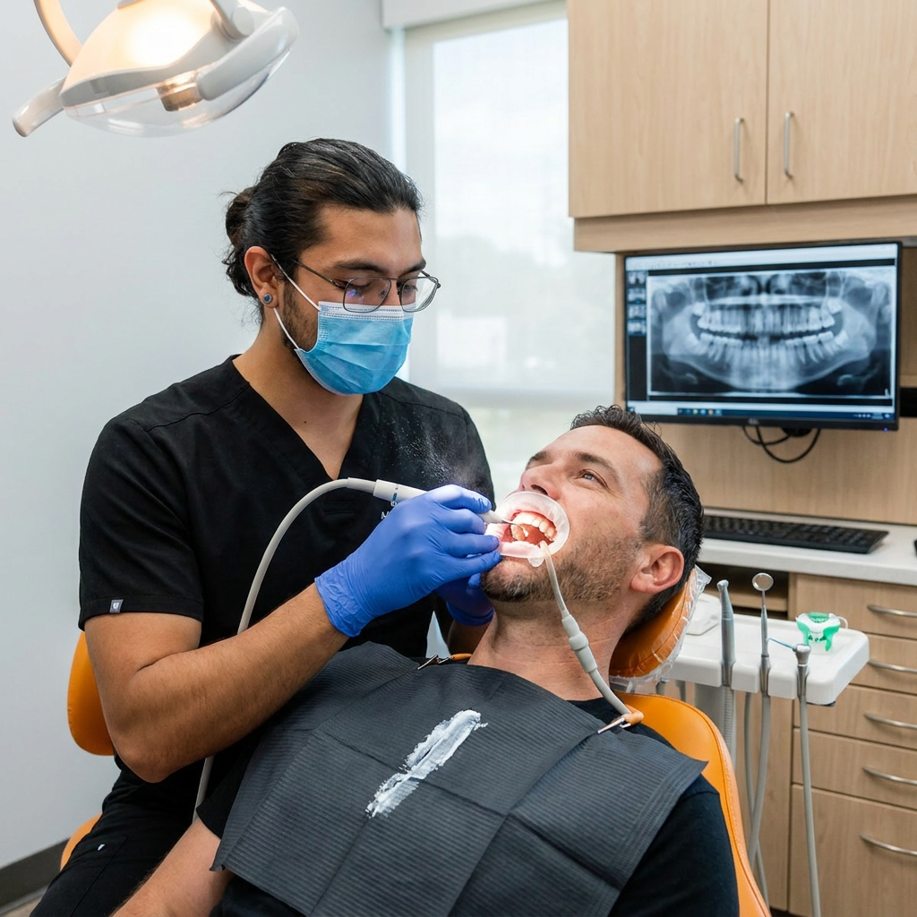 A dentist uses an ultrasonic scaler during a routine cleaning for a patient at ComfyDent Smiles in Bee Cave, TX.