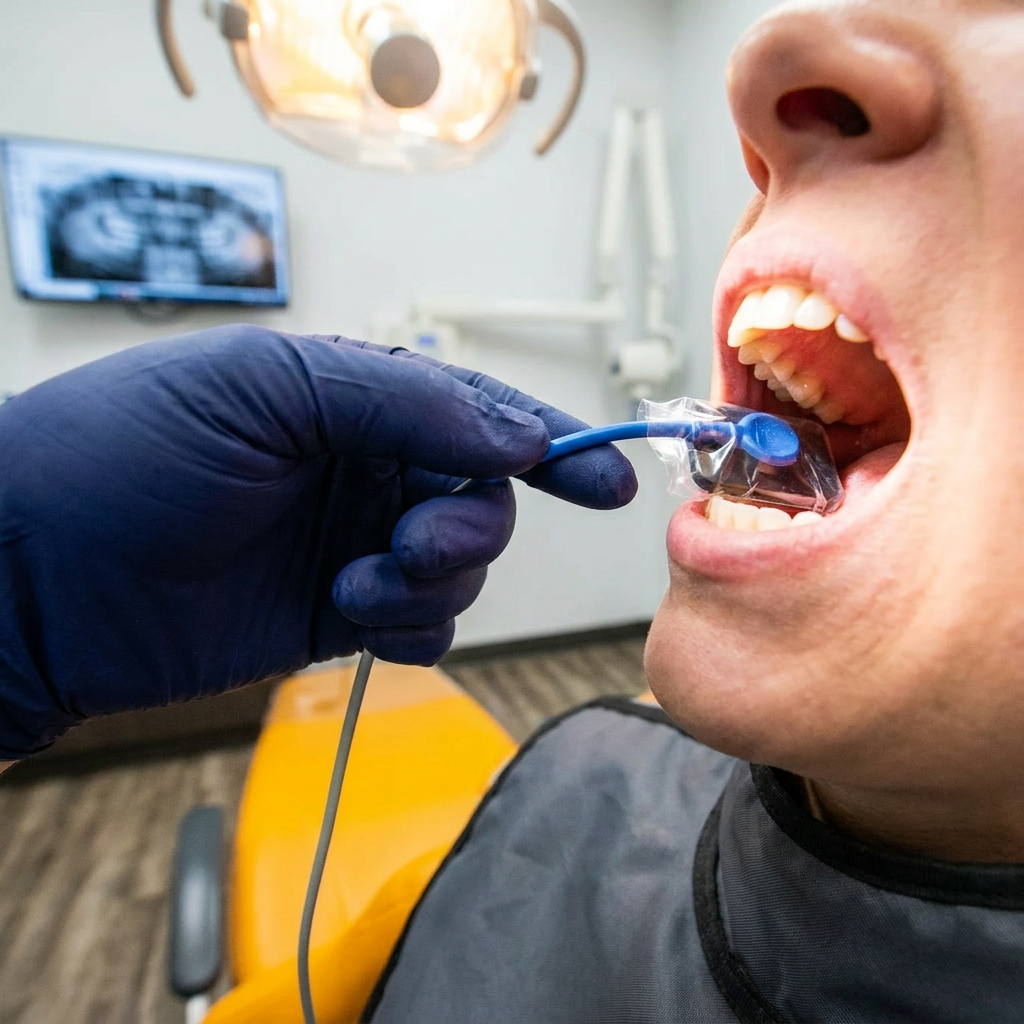A gloved hand positions a digital X-ray sensor for a patient during an exam at ComfyDent Smiles in Bee Cave, TX.