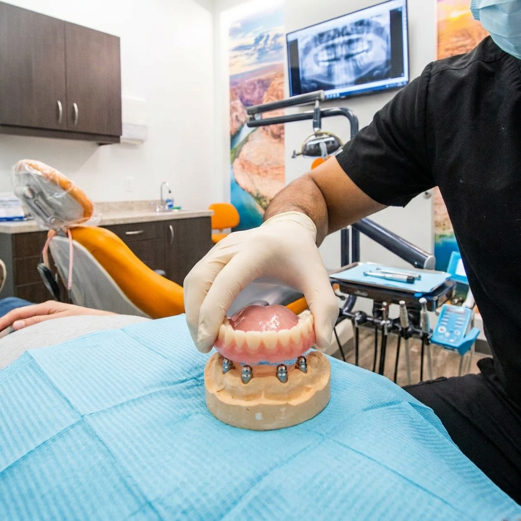 A gloved hand places a snap-on denture onto a model at ComfyDent Smiles in Bee Cave, TX.