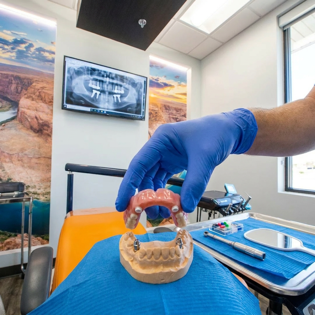 A gloved hand places a snap-on implant denture onto a dental model at ComfyDent Smiles in Bee Cave, TX.