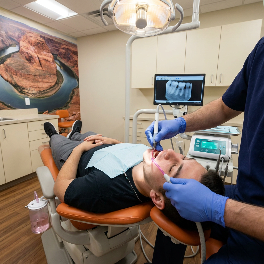 A clinician uses an ultrasonic scaler for gum disease treatment at ComfyDent Smiles in Bee Cave, TX.