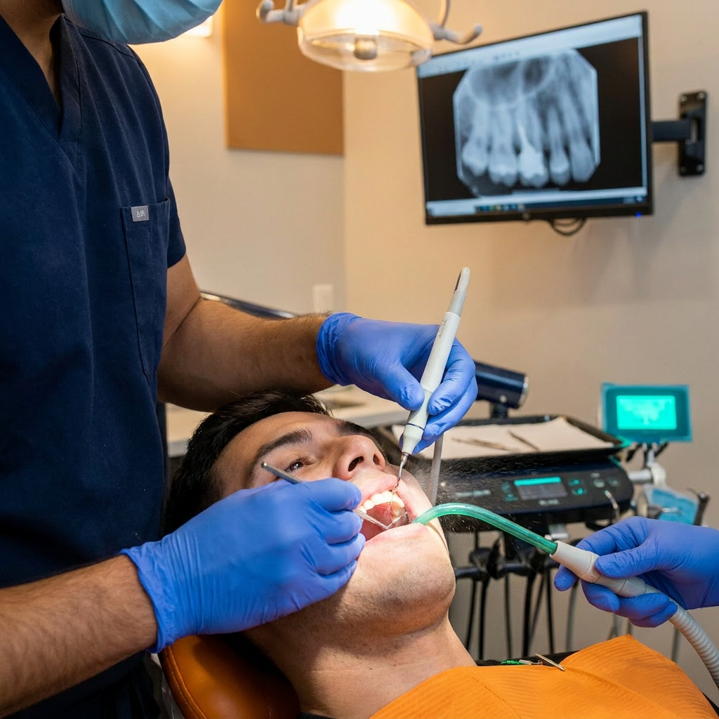 A clinician performs gum disease treatment with an ultrasonic scaler at ComfyDent Smiles in Bee Cave, TX.