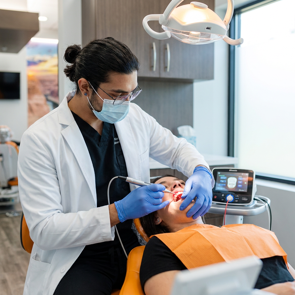 A dentist at ComfyDent Smiles in Bee Cave uses a soft-tissue laser for same-day gingival recontouring.