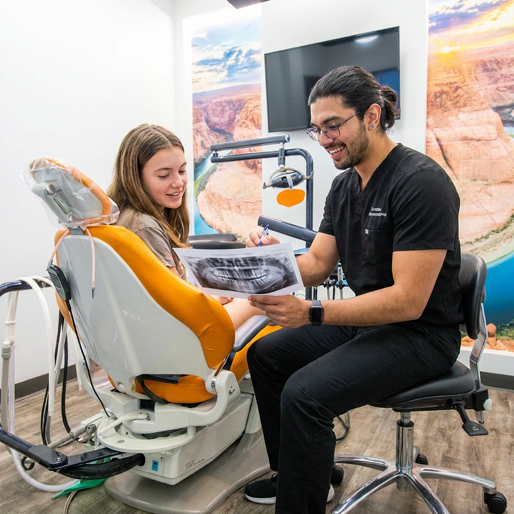A Bee Cave dentist at ComfyDent Smiles uses a pen to explain a panoramic X-ray to a teenager during a consultation.