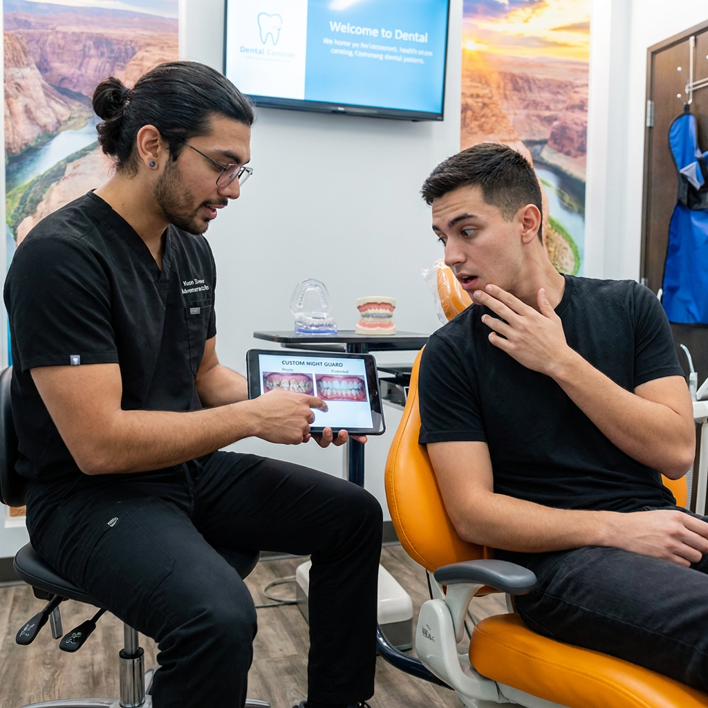 A dentist shows a patient results room at ComfyDent Smiles in Bee Cave, TX, using a tablet to discuss a custom night guard.