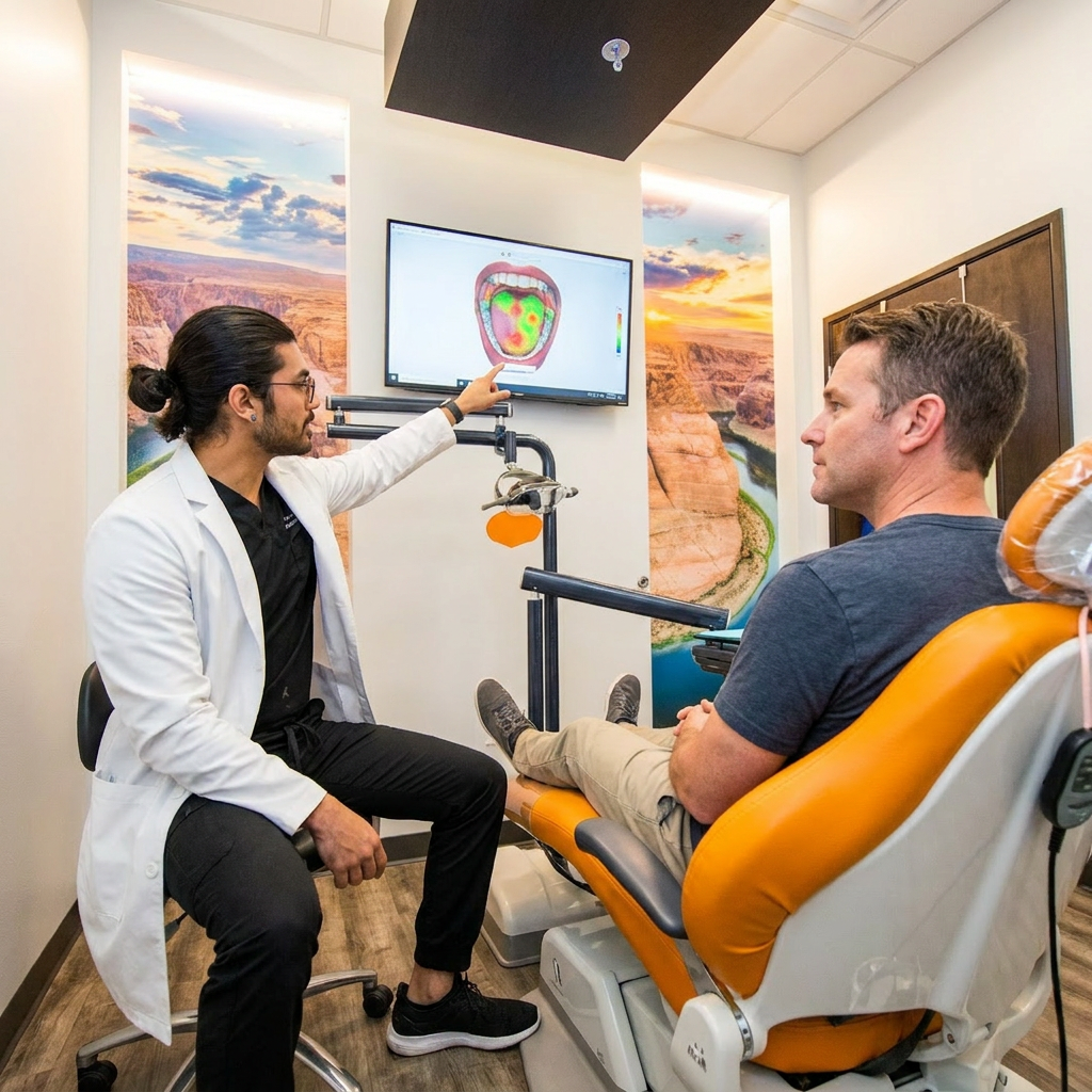 A dentist at ComfyDent Smiles in Bee Cave points to a 3D oral scan on a monitor while talking to a patient.