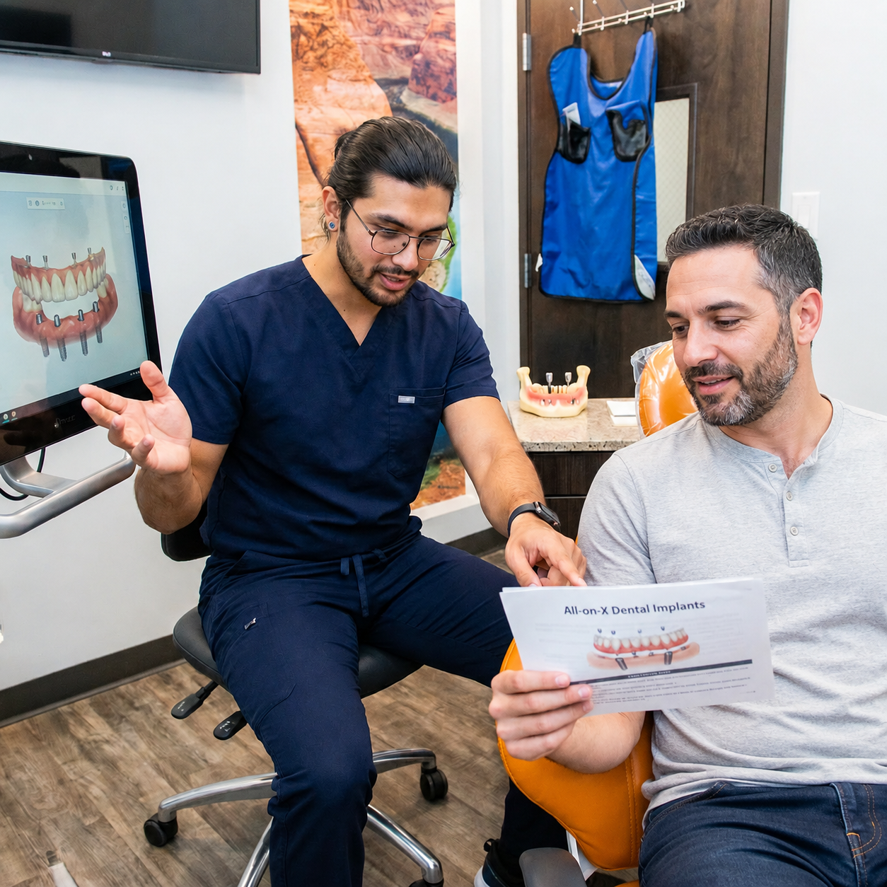 Dentist explaining an All-on-X dental implant treatment plan to an adult patient during a consultation in a modern dental office.