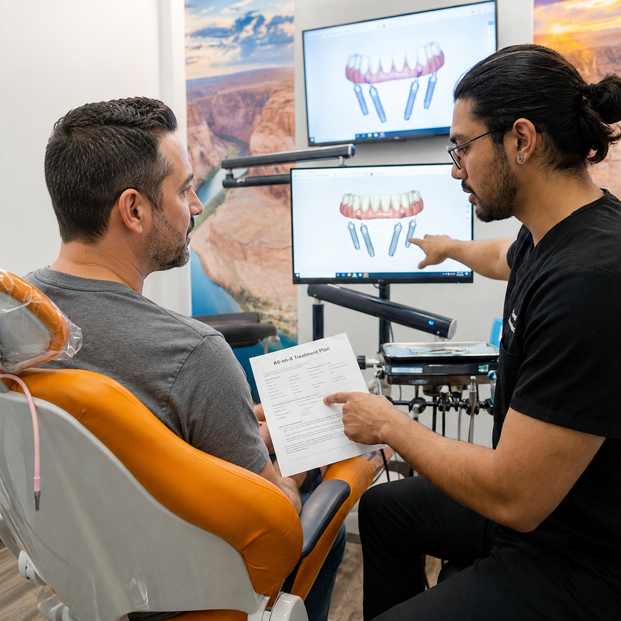 Dentist reviewing an All-on-X dental implant treatment plan with an adult patient while displaying a 3D implant model on dual monitors in a modern dental clinic.
