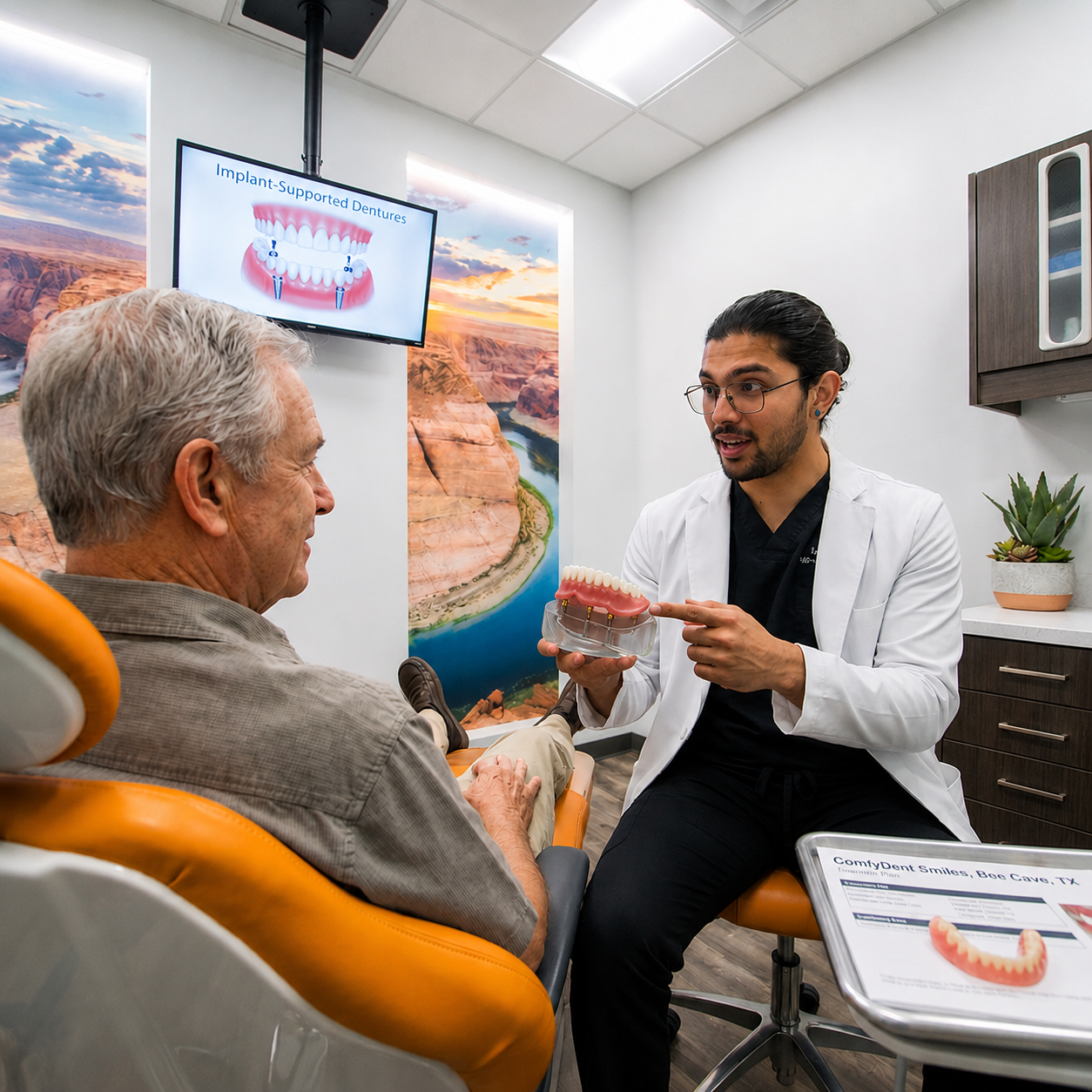 Dentist explaining implant supported dentures to an older patient using a dental implant model during a consultation in a modern dental office.
