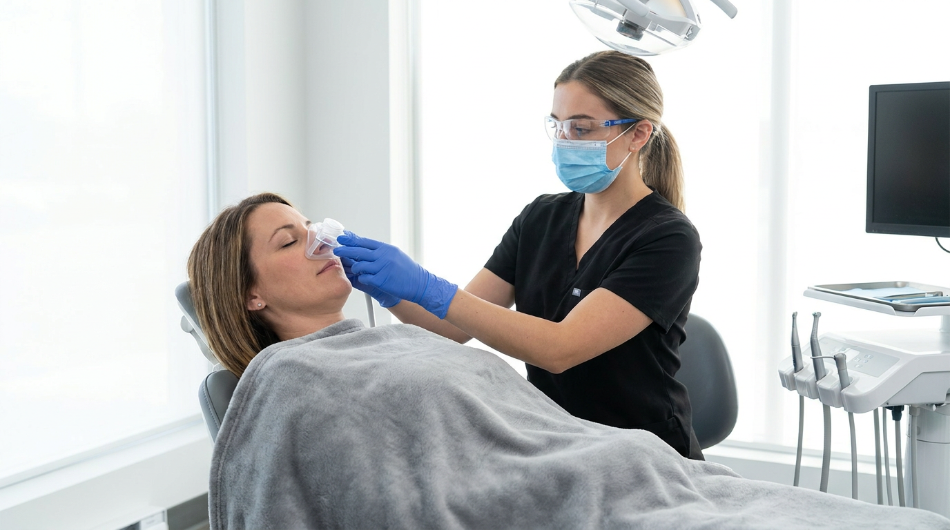 Abigail, is comfortably reclined in a dental chair, eyes closed, with a soft blanket draped over her.