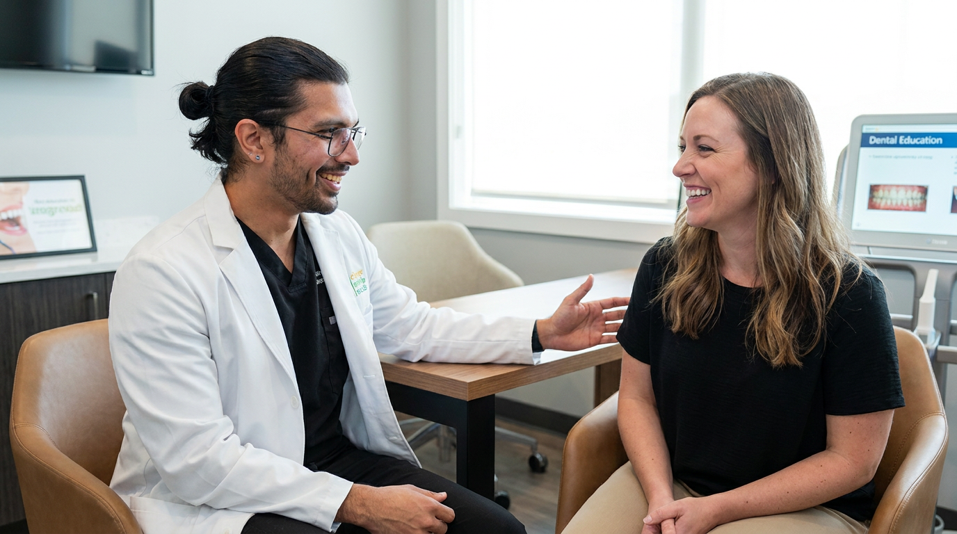 Abigail, smiles genuinely while conversing with Dr. Karnik Shah, who is making a reassuring gesture with his hand.