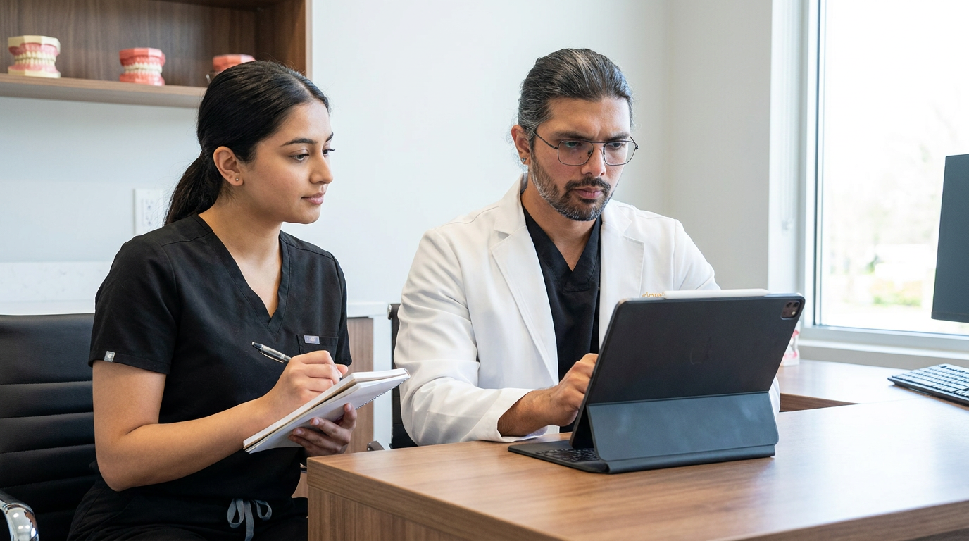 Dr. Karnik Shah, meticulously reviews a patient's digital medical history on a tablet, his expression focused and professional.