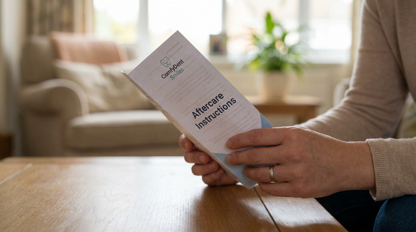 A close-up of Abigail's hands, holding a small pamphlet titled "Aftercare Instructions" from ComfyDent Smiles.