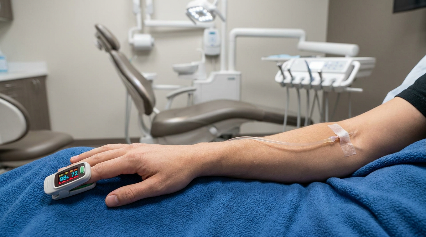 A close-up of a patient's arm resting on a blue blanket, with an IV line discreetly inserted into their inner elbow.